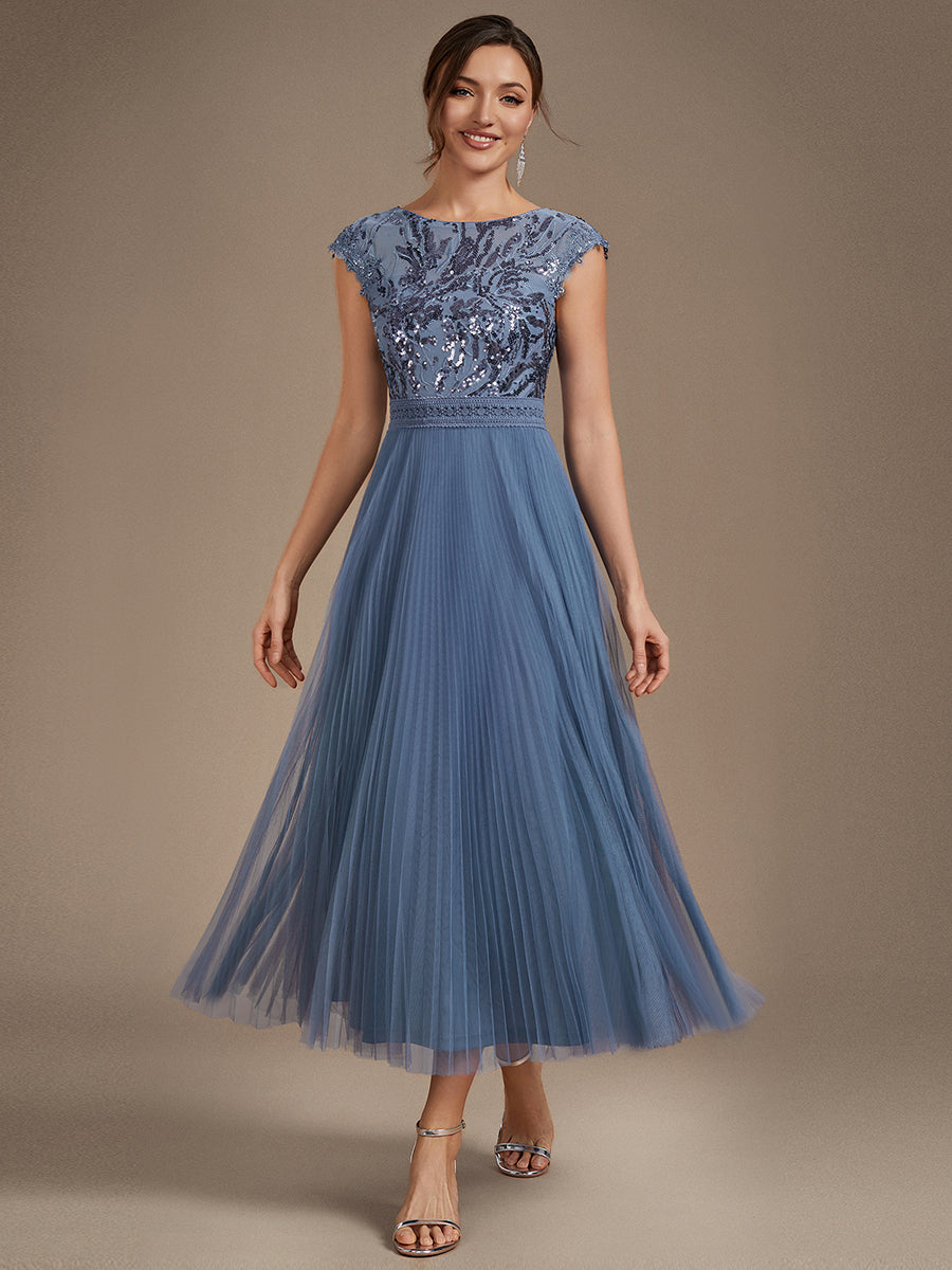 Color=Dusty Blue | One Stop Shop Short Sleeve Cap Sequin Round Neck A-Line Tea Length Wedding Guest Dresses-Dusty Blue 11