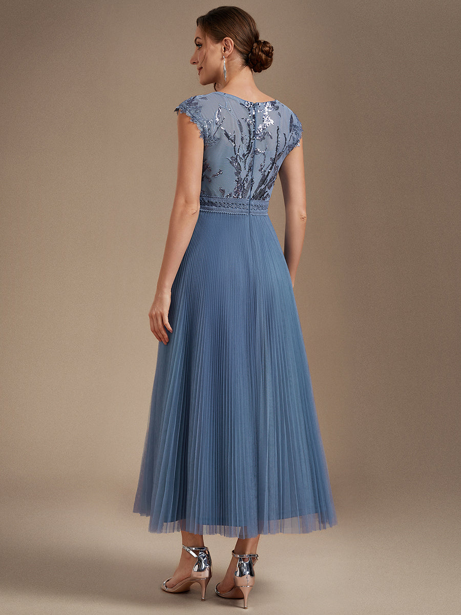 Color=Dusty Blue | One Stop Shop Short Sleeve Cap Sequin Round Neck A-Line Tea Length Wedding Guest Dresses-Dusty Blue 12