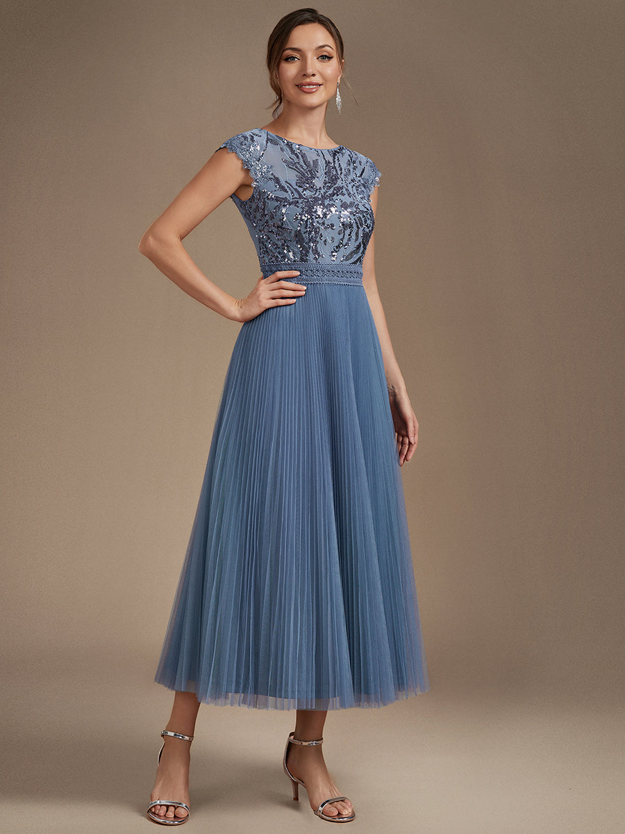 Color=Dusty Blue | One Stop Shop Short Sleeve Cap Sequin Round Neck A-Line Tea Length Wedding Guest Dresses-Dusty Blue 14