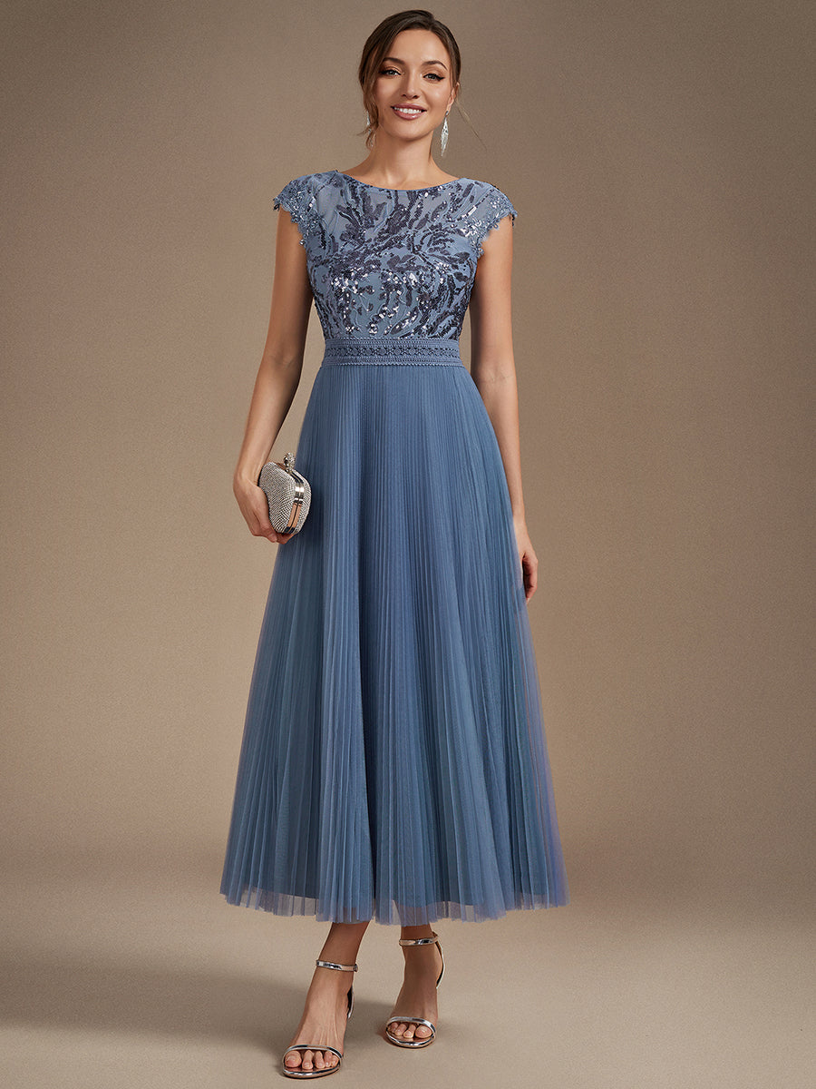 Color=Dusty Blue | One Stop Shop Short Sleeve Cap Sequin Round Neck A-Line Tea Length Wedding Guest Dresses-Dusty Blue 15