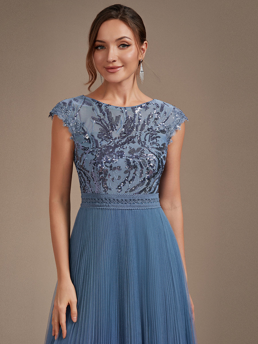 Color=Dusty Blue | One Stop Shop Short Sleeve Cap Sequin Round Neck A-Line Tea Length Wedding Guest Dresses-Dusty Blue 13