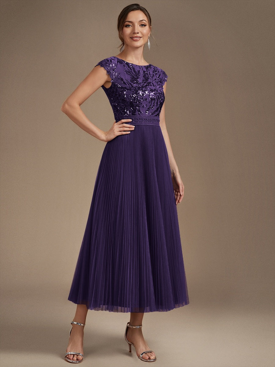 Color=Dark Purple | Wholesale Pricing Short Sleeve Cap Sequin Round Neck A-Line Tea Length Wedding Guest Dresses-Dark Purple 3