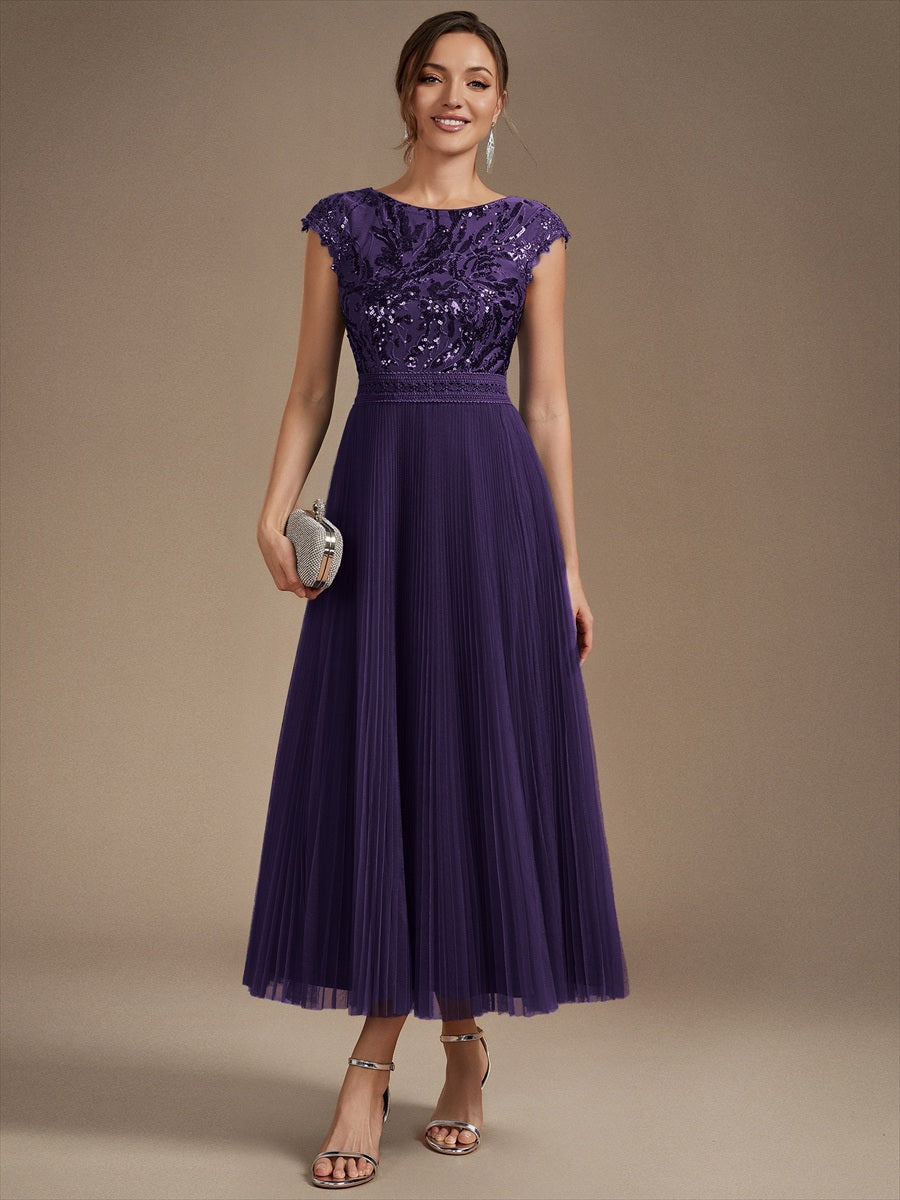 Color=Dark Purple | Wholesale Pricing Short Sleeve Cap Sequin Round Neck A-Line Tea Length Wedding Guest Dresses-Dark Purple 4