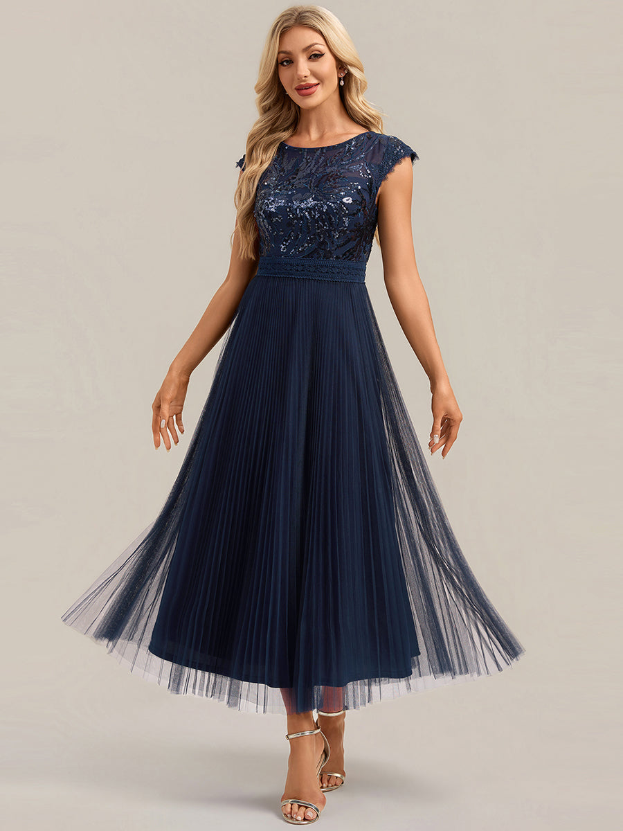 Color=Navy Blue | Wholesale Pricing Short Sleeve Cap Sequin Round Neck A-Line Tea Length Wedding Guest Dresses-Navy Blue 21