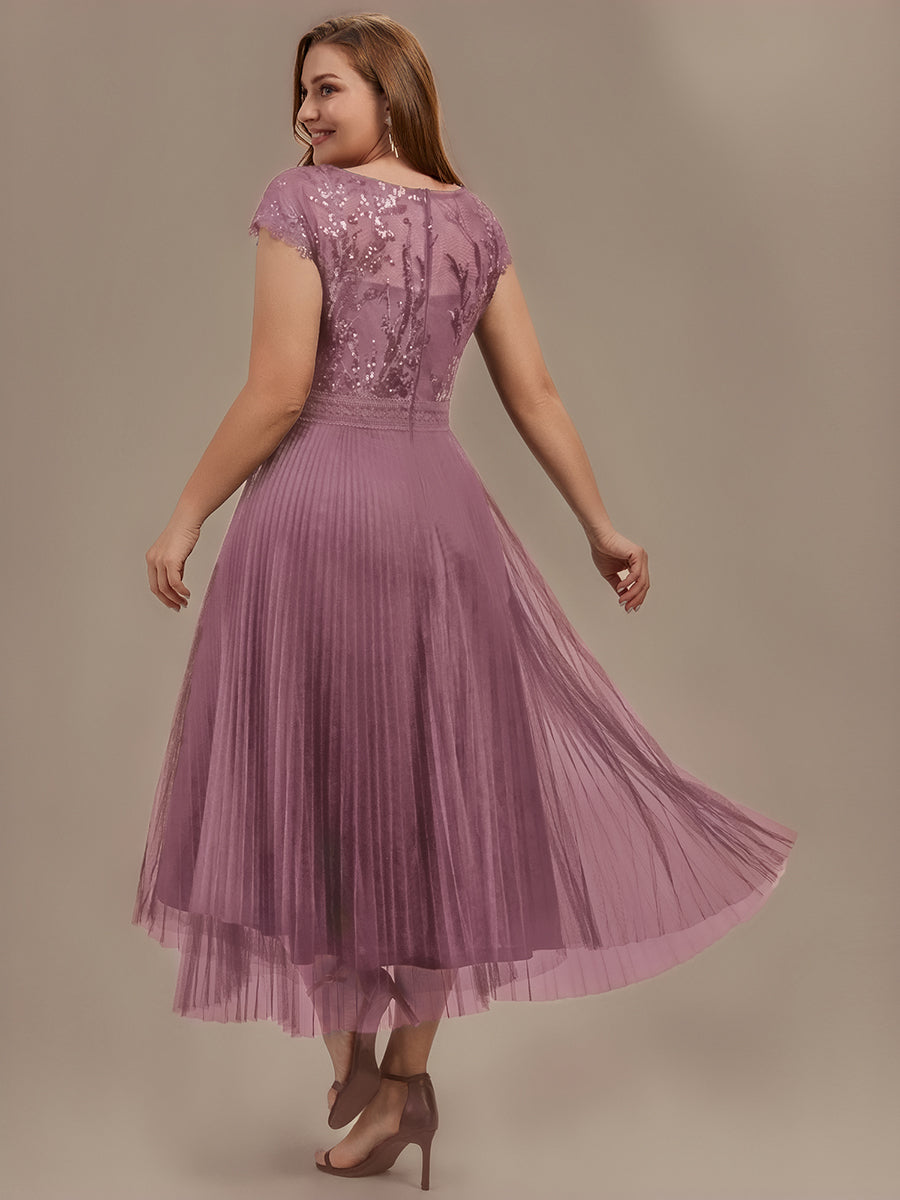 Color=Purple Orchid | One Stop Shop Short Sleeve Cap Sequin Round Neck A-Line Tea Length Wedding Guest Dresses-Purple Orchid 47