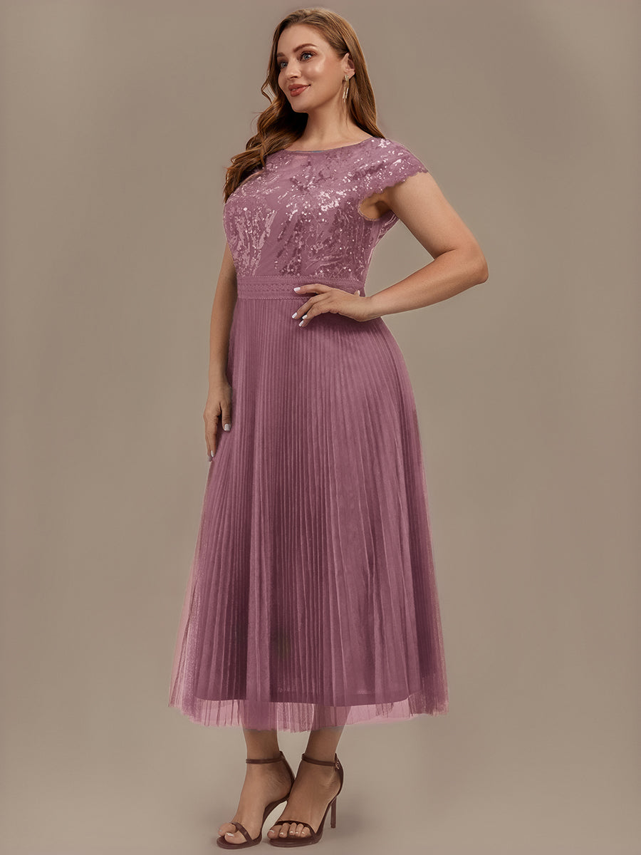Color=Purple Orchid | One Stop Shop Short Sleeve Cap Sequin Round Neck A-Line Tea Length Wedding Guest Dresses-Purple Orchid 49