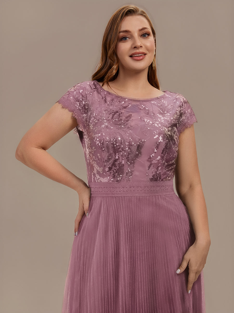 Color=Purple Orchid | One Stop Shop Short Sleeve Cap Sequin Round Neck A-Line Tea Length Wedding Guest Dresses-Purple Orchid 48