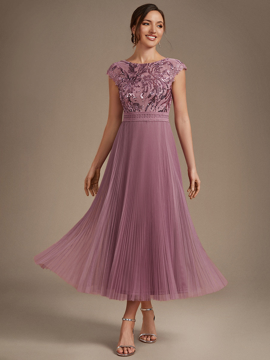 Color=Purple Orchid | One Stop Shop Short Sleeve Cap Sequin Round Neck A-Line Tea Length Wedding Guest Dresses-Purple Orchid 41