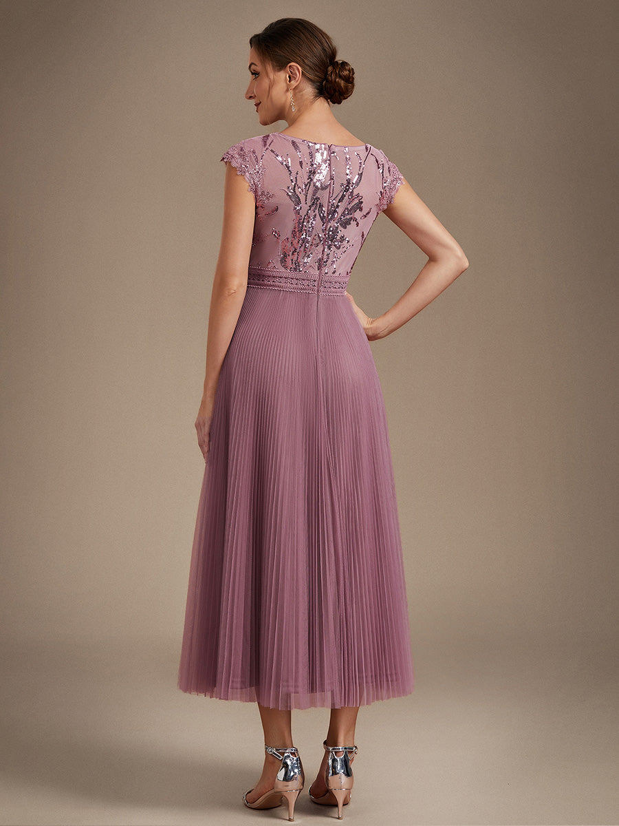 Color=Purple Orchid | One Stop Shop Short Sleeve Cap Sequin Round Neck A-Line Tea Length Wedding Guest Dresses-Purple Orchid 42