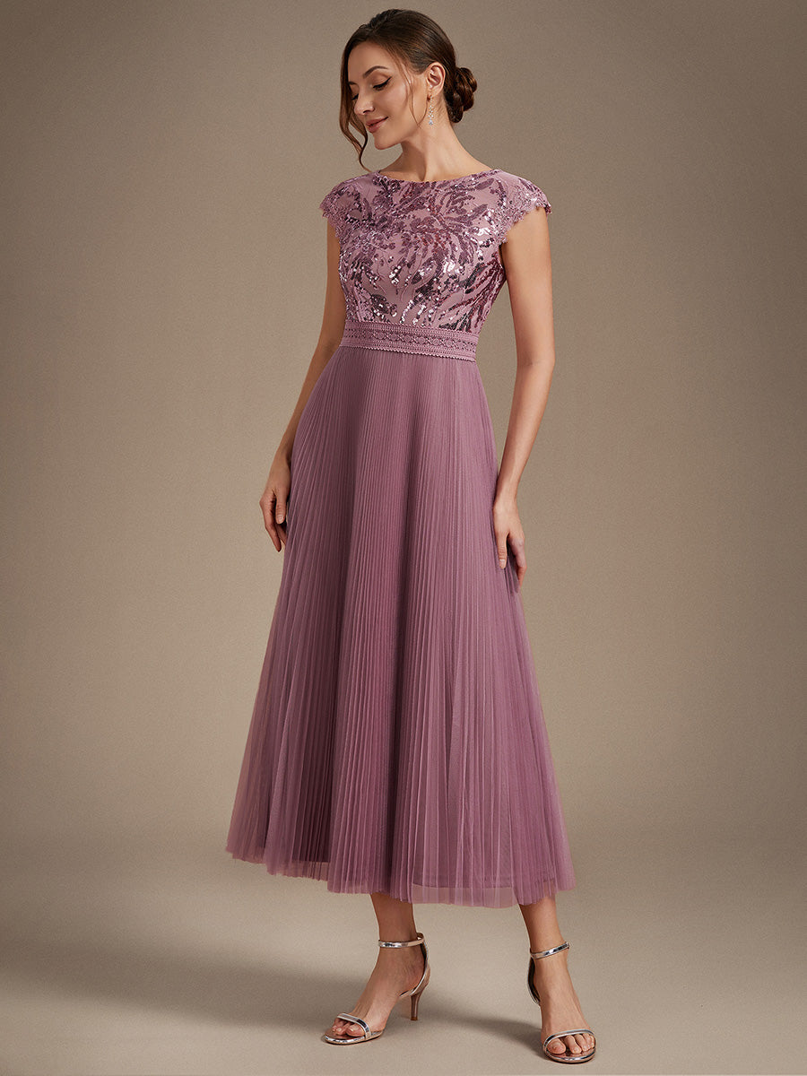 Color=Purple Orchid | One Stop Shop Short Sleeve Cap Sequin Round Neck A-Line Tea Length Wedding Guest Dresses-Purple Orchid 44