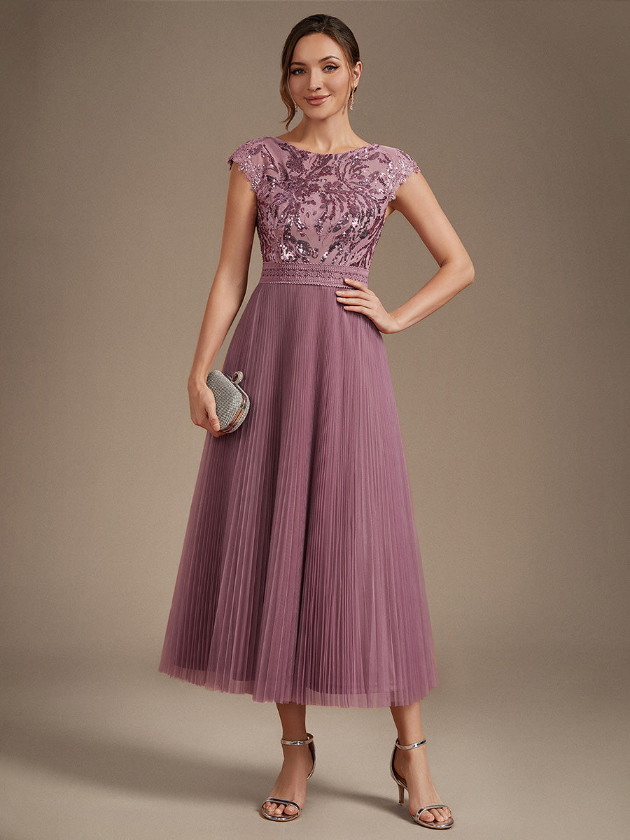 Color=Purple Orchid | One Stop Shop Short Sleeve Cap Sequin Round Neck A-Line Tea Length Wedding Guest Dresses-Purple Orchid 45