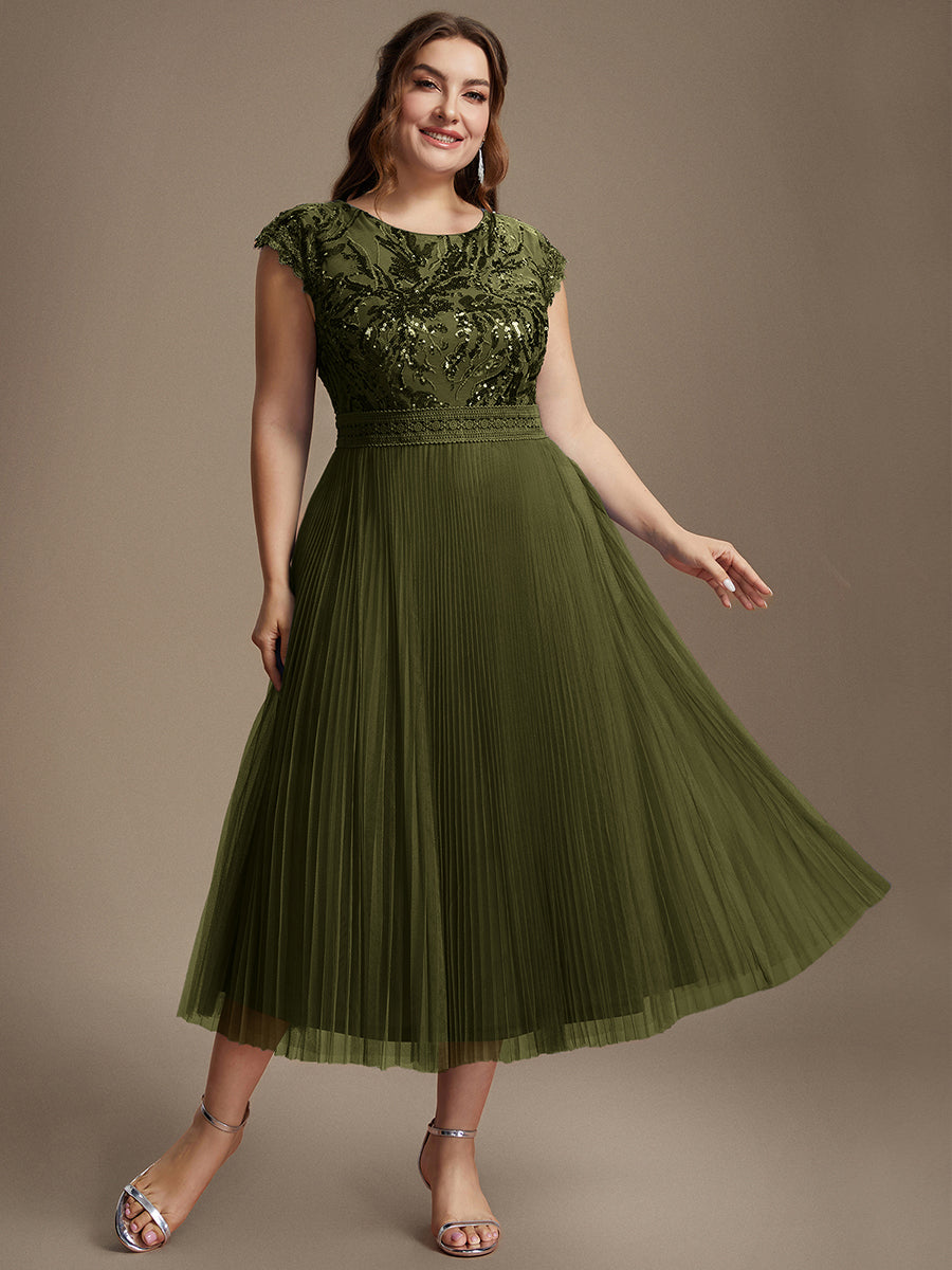 Color=Olive Green | One Stop Shop Short Sleeve Cap Sequin Round Neck A-Line Tea Length Wedding Guest Dresses-Olive Green 56
