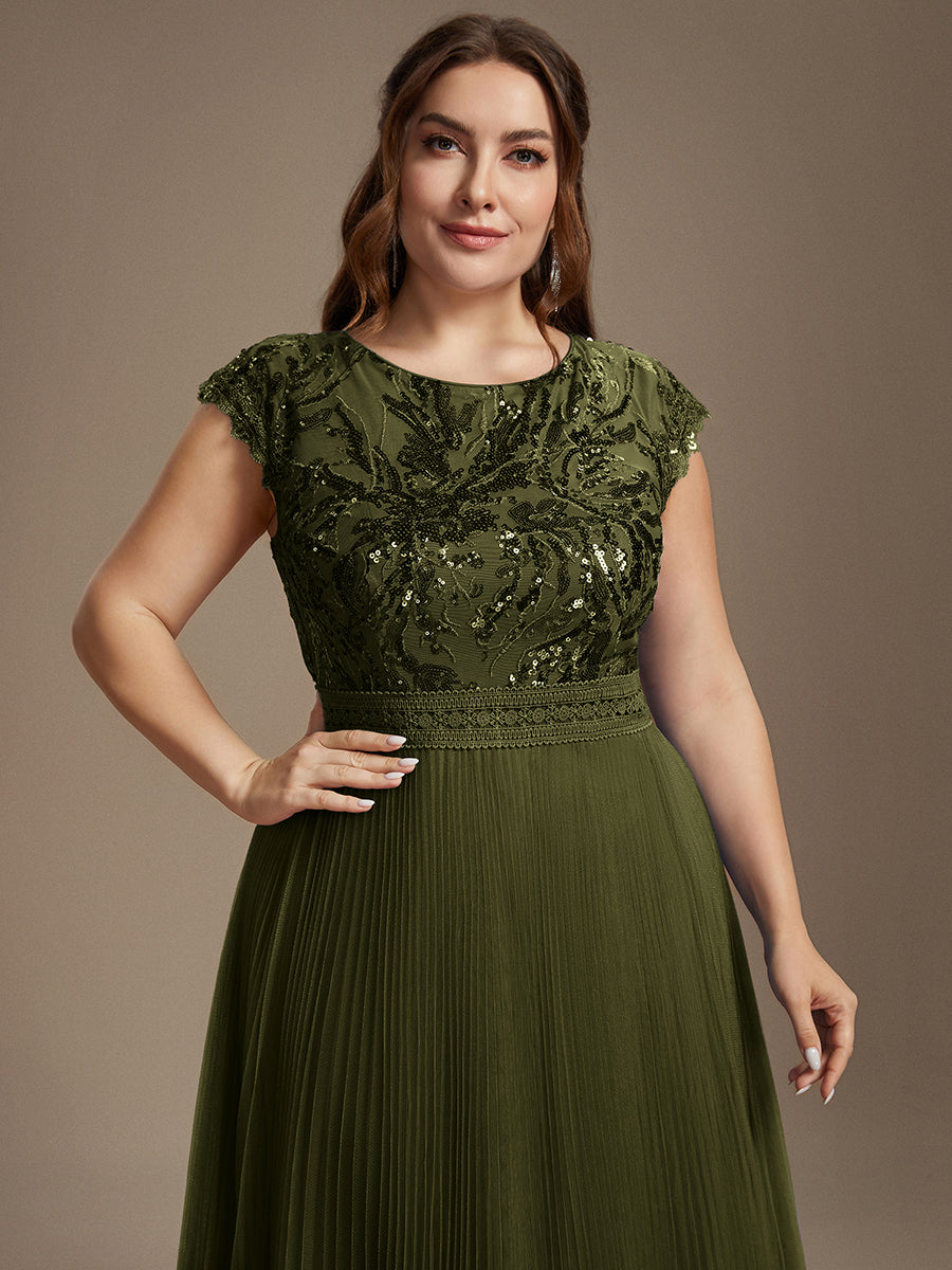 Color=Olive Green | One Stop Shop Short Sleeve Cap Sequin Round Neck A-Line Tea Length Wedding Guest Dresses-Olive Green 58