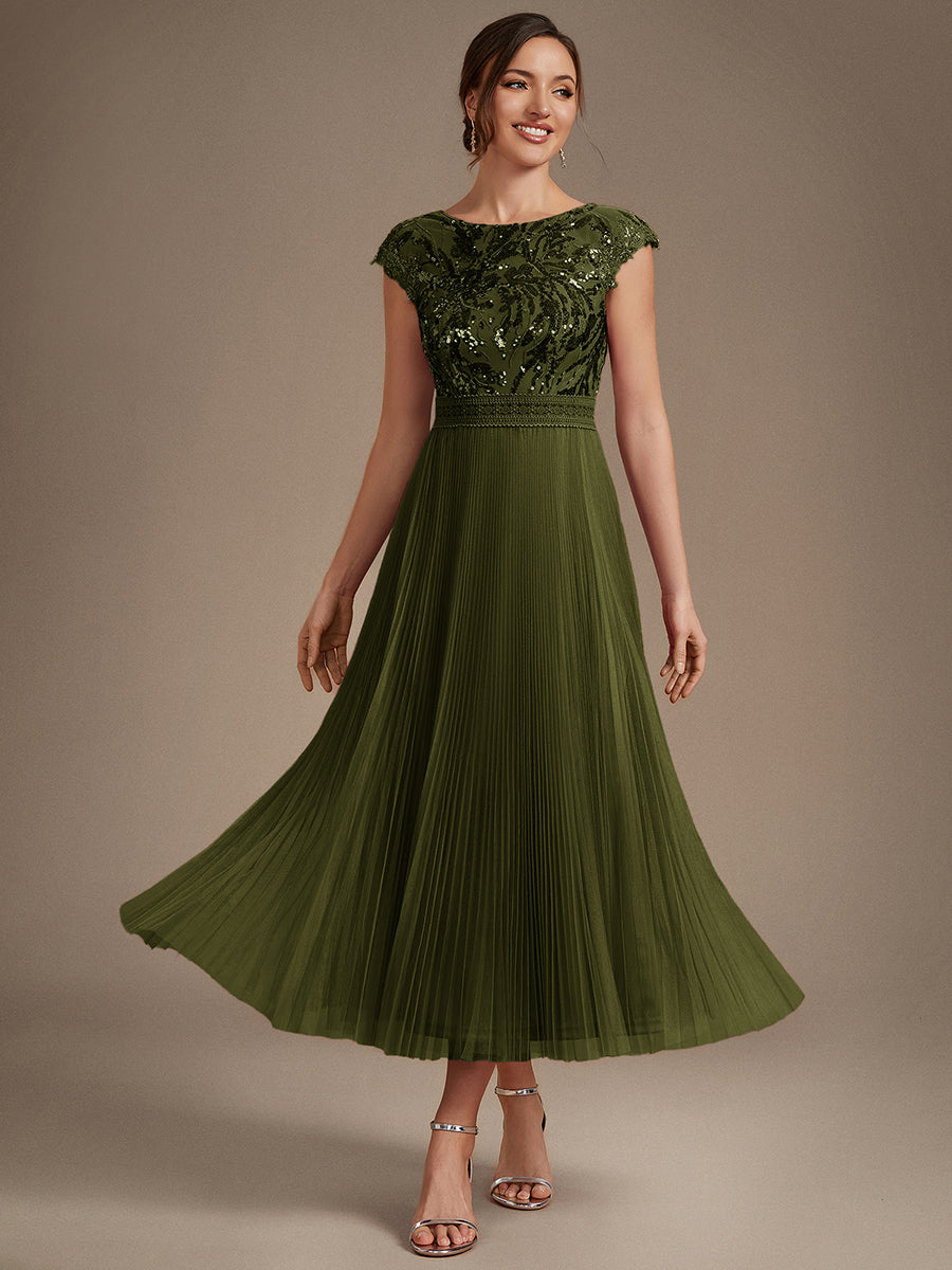 Color=Olive Green | One Stop Shop Short Sleeve Cap Sequin Round Neck A-Line Tea Length Wedding Guest Dresses-Olive Green 51