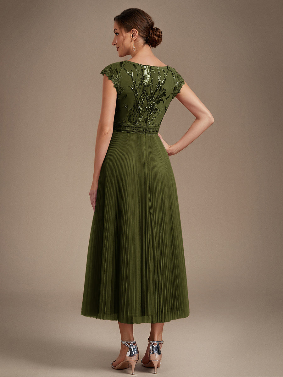 Color=Olive Green | One Stop Shop Short Sleeve Cap Sequin Round Neck A-Line Tea Length Wedding Guest Dresses-Olive Green 52