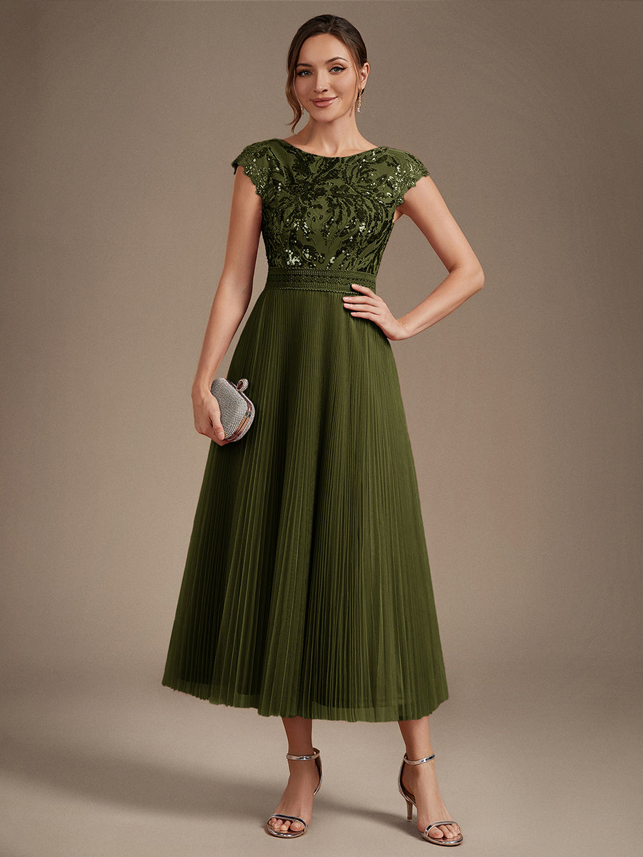 Color=Olive Green | One Stop Shop Short Sleeve Cap Sequin Round Neck A-Line Tea Length Wedding Guest Dresses-Olive Green 55