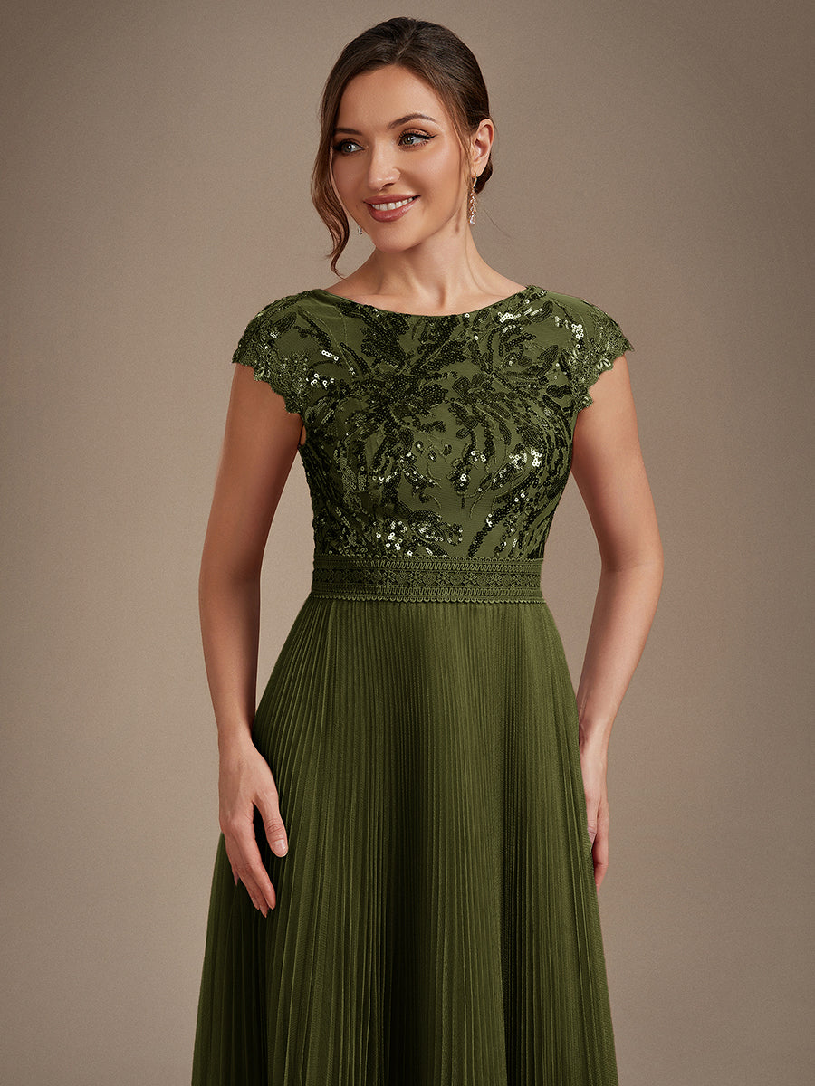 Color=Olive Green | One Stop Shop Short Sleeve Cap Sequin Round Neck A-Line Tea Length Wedding Guest Dresses-Olive Green 53