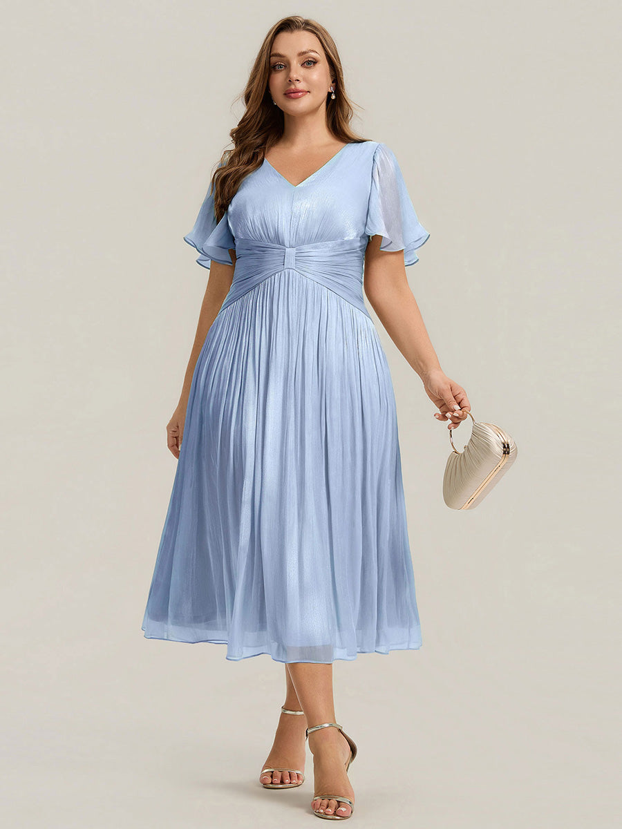 Color=Dusty Blue | Factory Design Short Sleeve Ruffle V-Neck A-Line Tea Length Wedding Guest Dresses-Dusty Blue 6