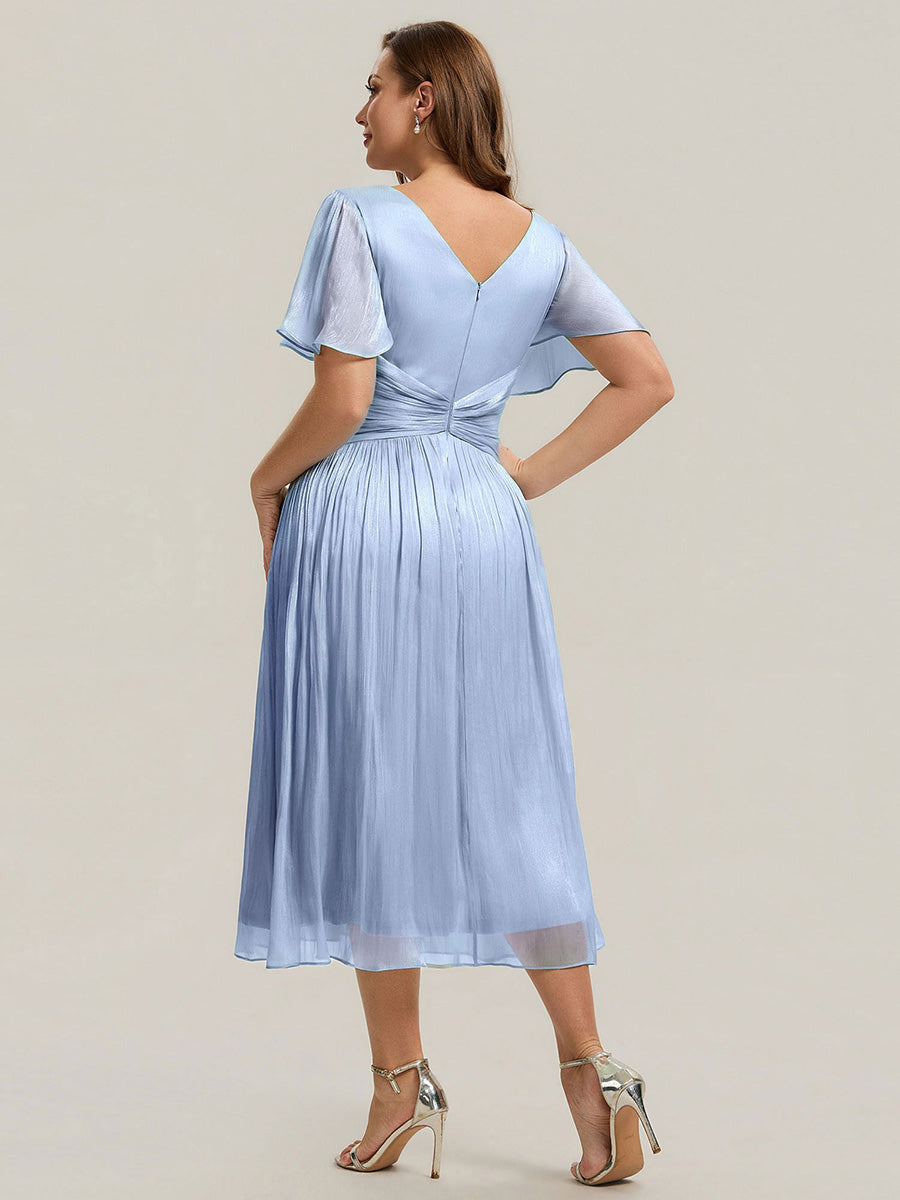 Color=Dusty Blue | Factory Design Short Sleeve Ruffle V-Neck A-Line Tea Length Wedding Guest Dresses-Dusty Blue 7