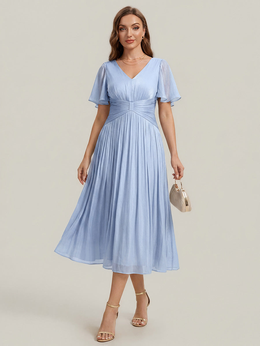 Color=Dusty Blue | Factory Design Short Sleeve Ruffle V-Neck A-Line Tea Length Wedding Guest Dresses-Dusty Blue 1