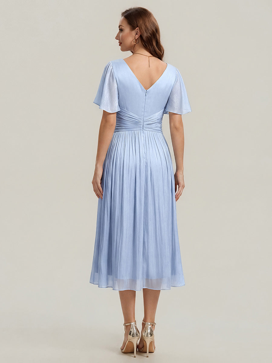 Color=Dusty Blue | Factory Design Short Sleeve Ruffle V-Neck A-Line Tea Length Wedding Guest Dresses-Dusty Blue 2