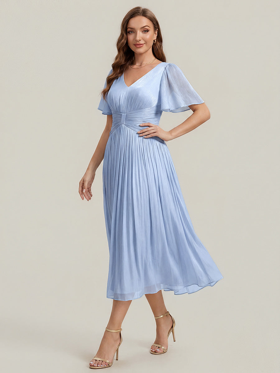 Color=Dusty Blue | Factory Design Short Sleeve Ruffle V-Neck A-Line Tea Length Wedding Guest Dresses-Dusty Blue 4