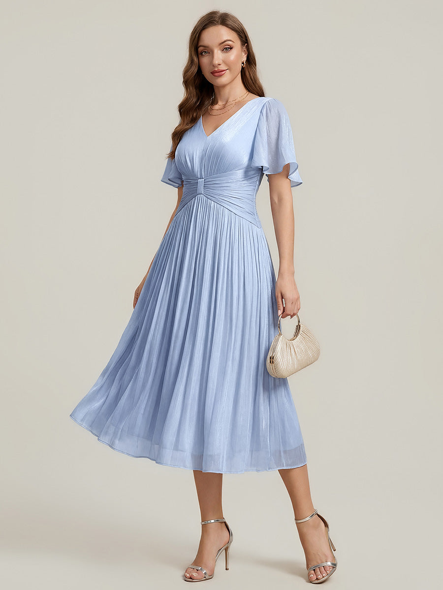 Color=Dusty Blue | Factory Design Short Sleeve Ruffle V-Neck A-Line Tea Length Wedding Guest Dresses-Dusty Blue 5