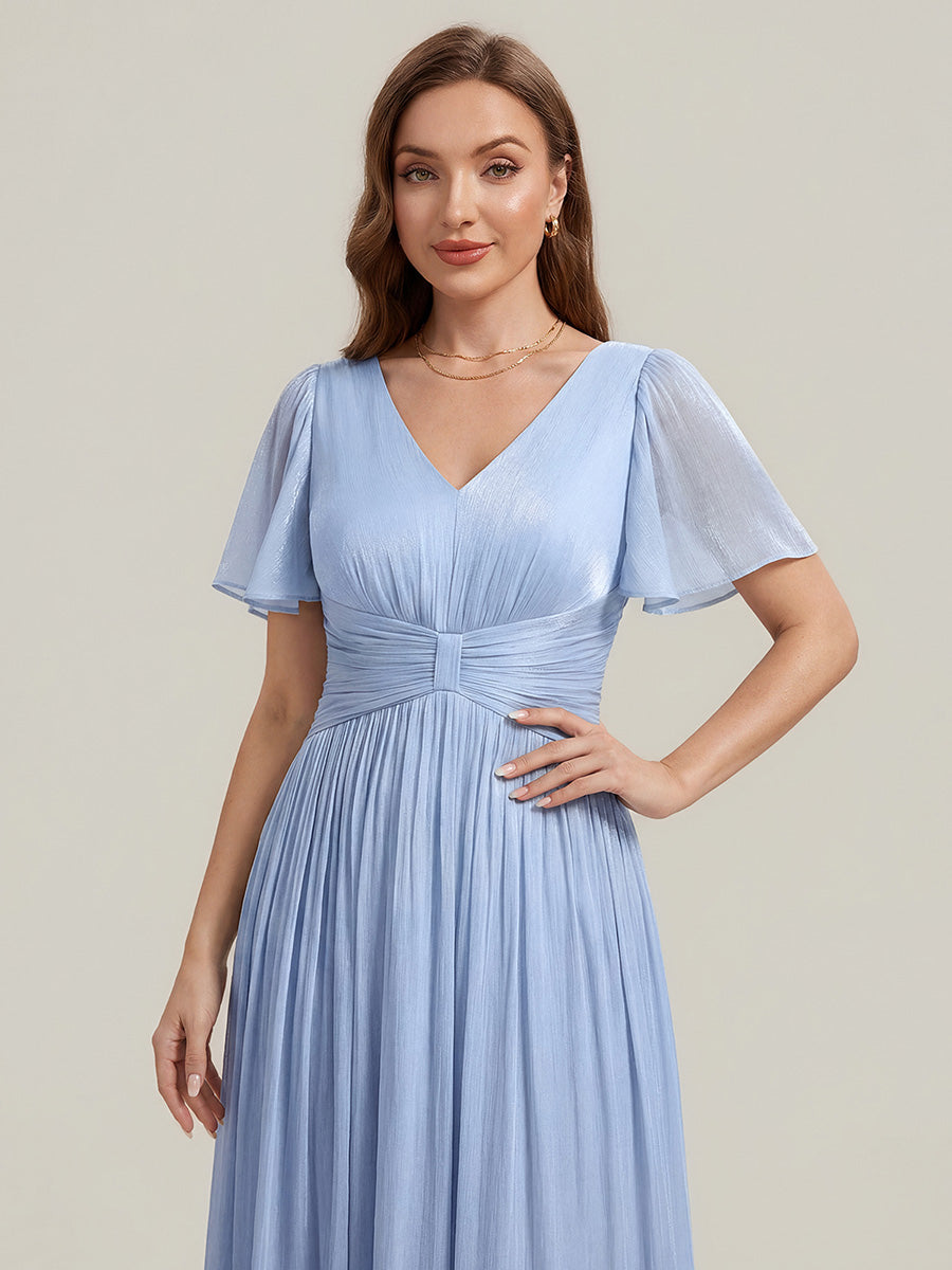 Color=Dusty Blue | Factory Design Short Sleeve Ruffle V-Neck A-Line Tea Length Wedding Guest Dresses-Dusty Blue 3