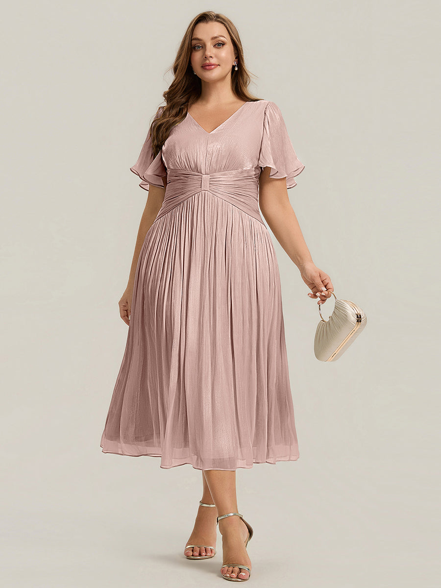 Color=Dusty Rose | B2B-Exclusive Short Sleeve Ruffle V-Neck A-Line Tea Length Wedding Guest Dresses-Dusty Rose 6
