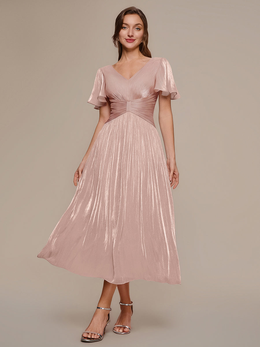 Color=Dusty Rose | B2B-Exclusive Short Sleeve Ruffle V-Neck A-Line Tea Length Wedding Guest Dresses-Dusty Rose 1