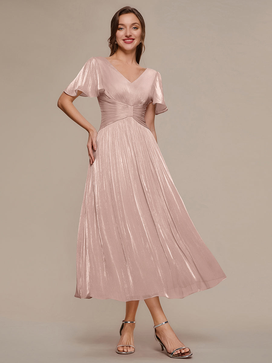 Color=Dusty Rose | B2B-Exclusive Short Sleeve Ruffle V-Neck A-Line Tea Length Wedding Guest Dresses-Dusty Rose 4