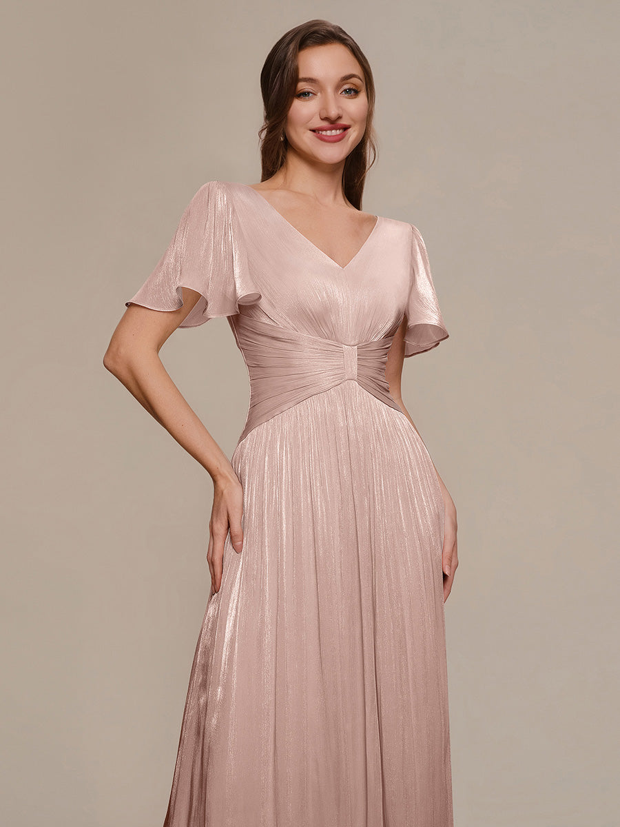 Color=Dusty Rose | B2B-Exclusive Short Sleeve Ruffle V-Neck A-Line Tea Length Wedding Guest Dresses-Dusty Rose 3