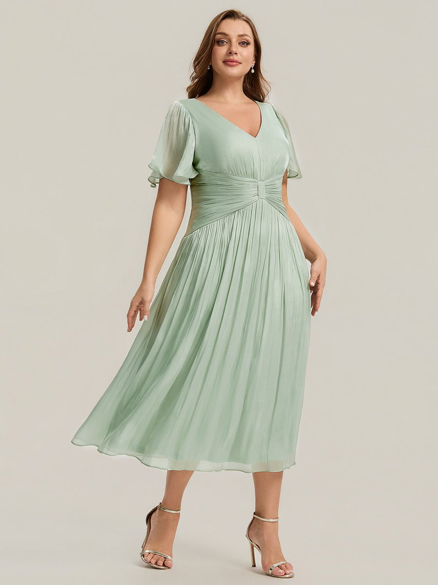 Color=Mint Green | B2B-Exclusive Short Sleeve Ruffle V-Neck A-Line Tea Length Wedding Guest Dresses-Mint Green 19