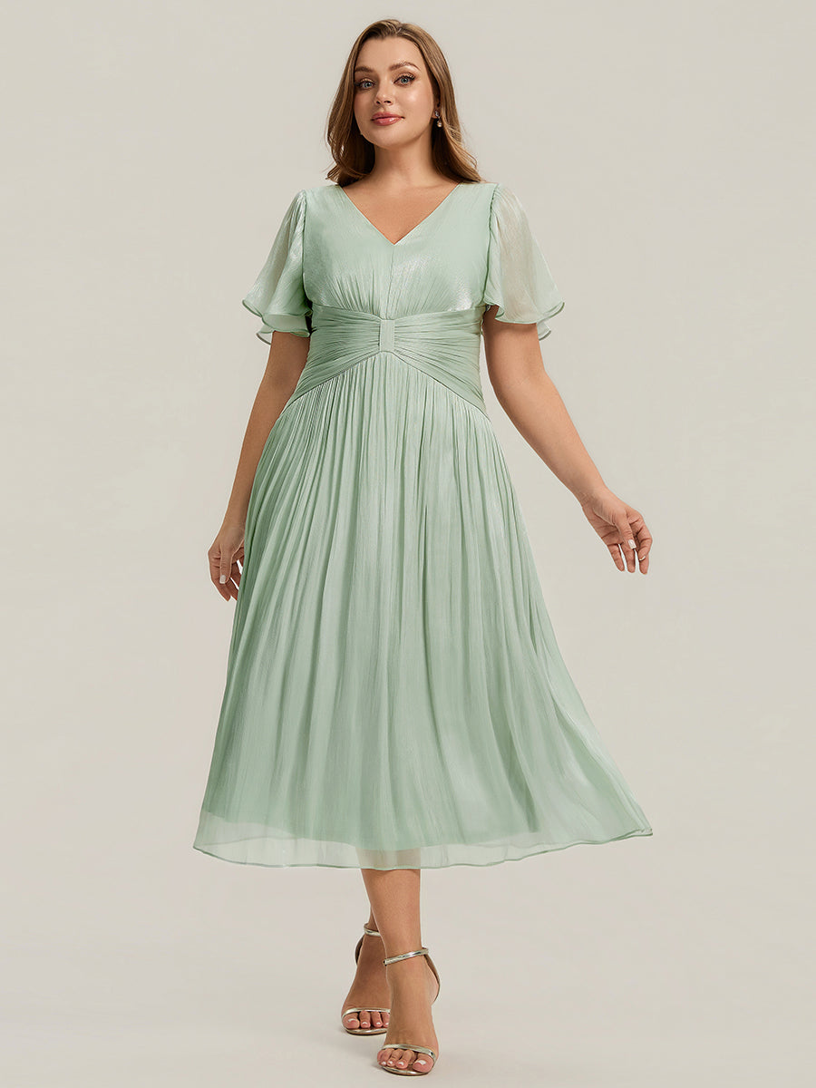 Color=Mint Green | B2B-Exclusive Short Sleeve Ruffle V-Neck A-Line Tea Length Wedding Guest Dresses-Mint Green 20