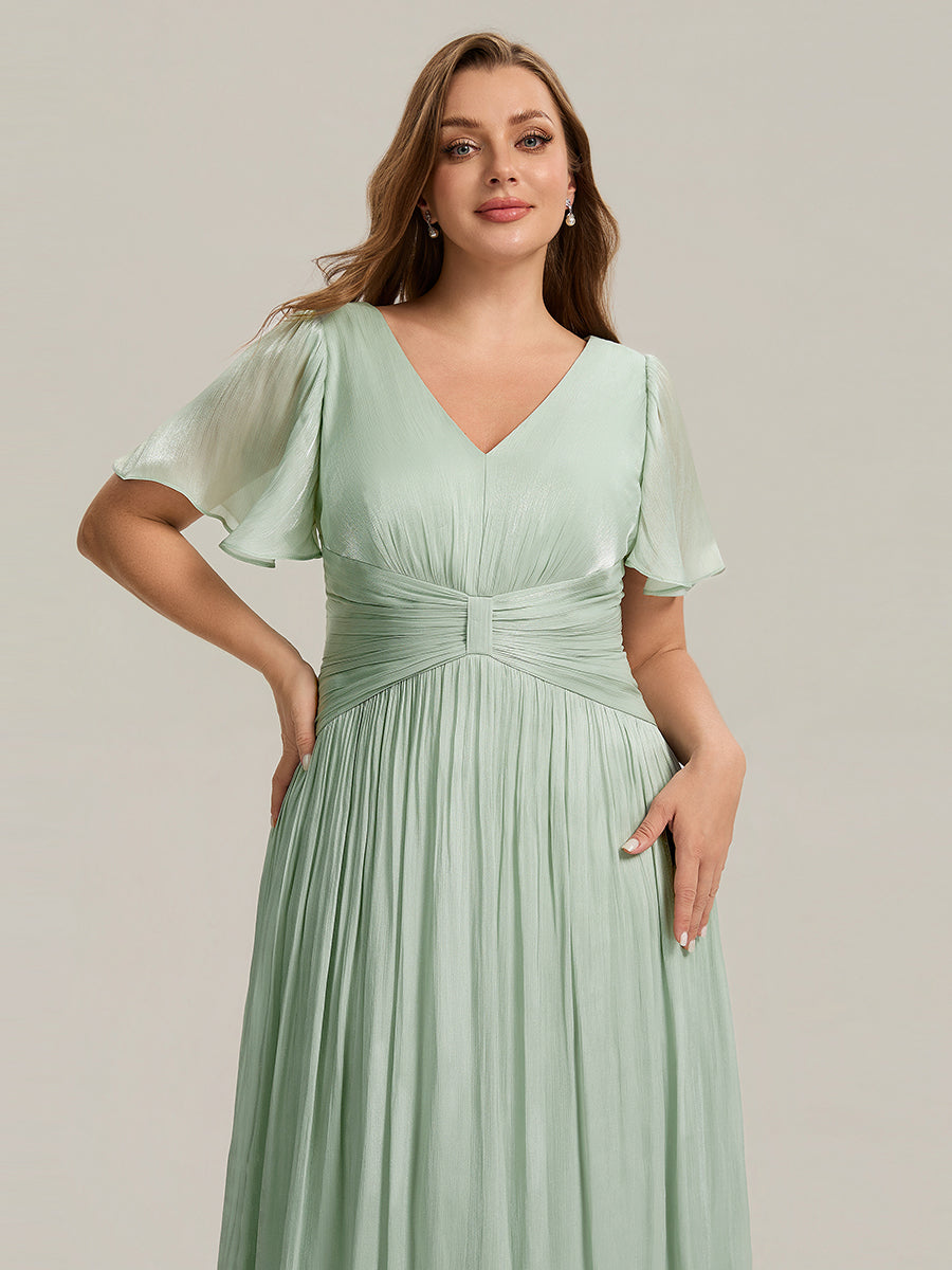 Color=Mint Green | B2B-Exclusive Short Sleeve Ruffle V-Neck A-Line Tea Length Wedding Guest Dresses-Mint Green 18