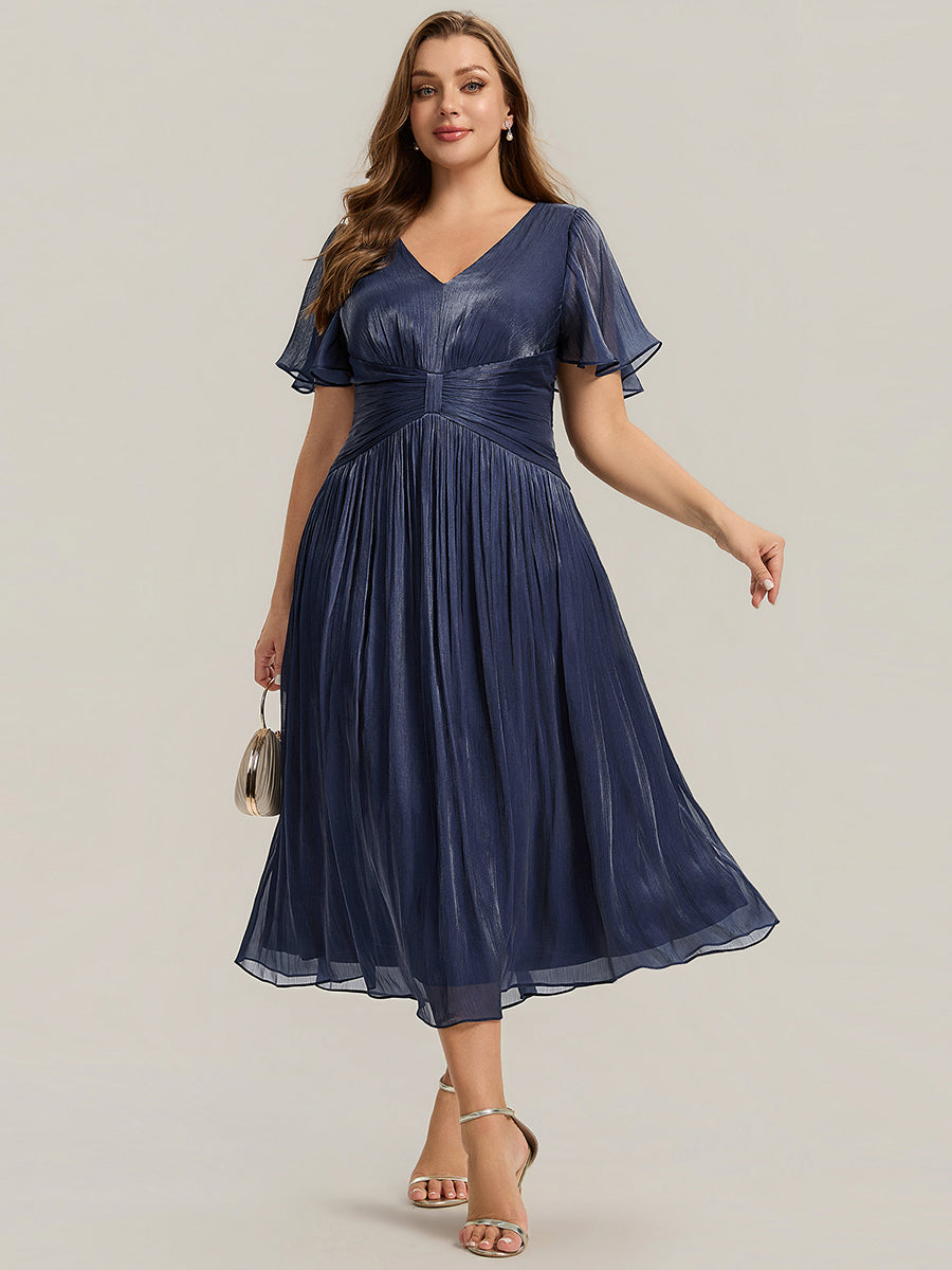 Color=Navy Blue | B2B-Exclusive Short Sleeve Ruffle V-Neck A-Line Tea Length Wedding Guest Dresses-Navy Blue 26