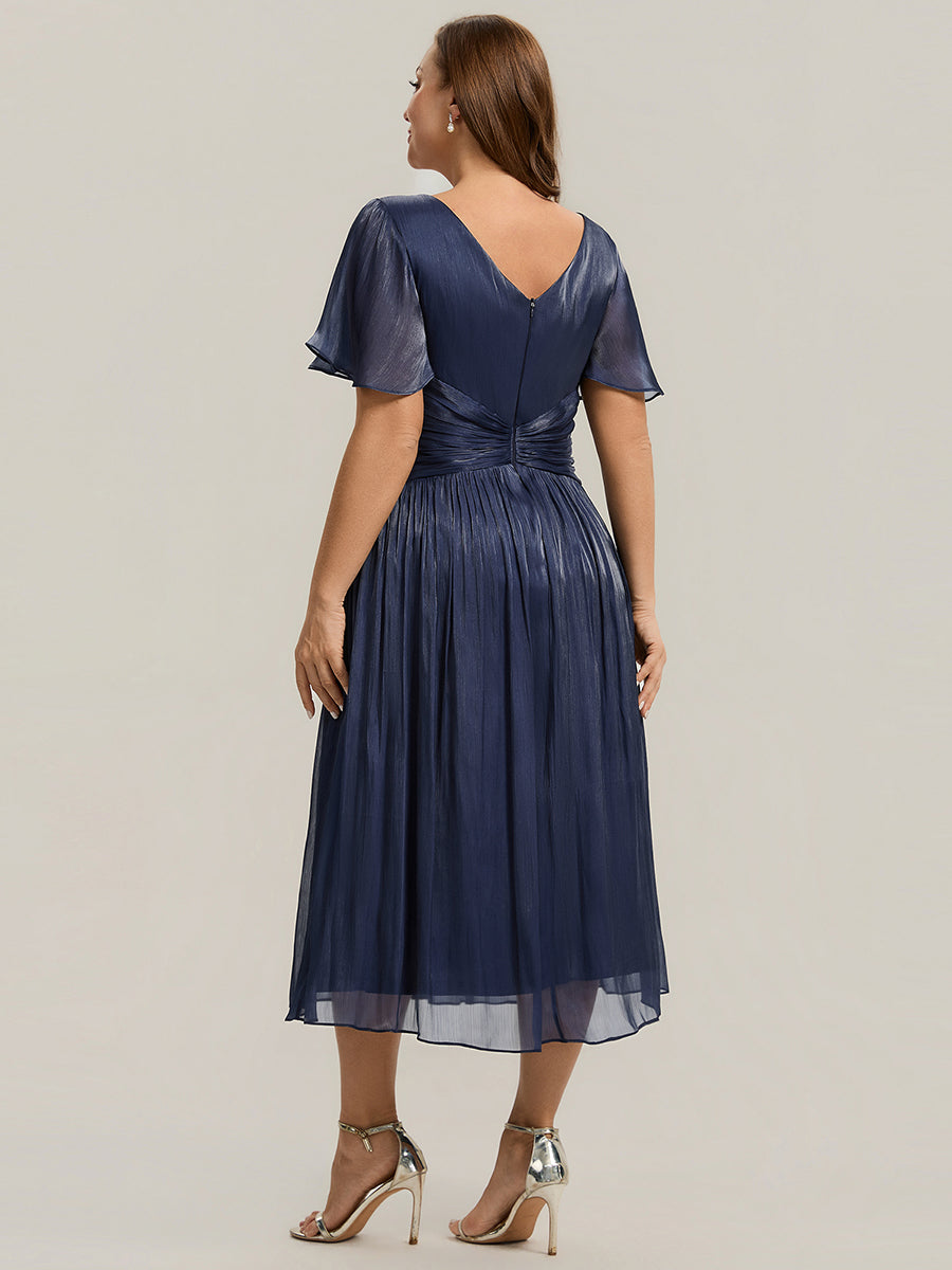 Color=Navy Blue | B2B-Exclusive Short Sleeve Ruffle V-Neck A-Line Tea Length Wedding Guest Dresses-Navy Blue 27