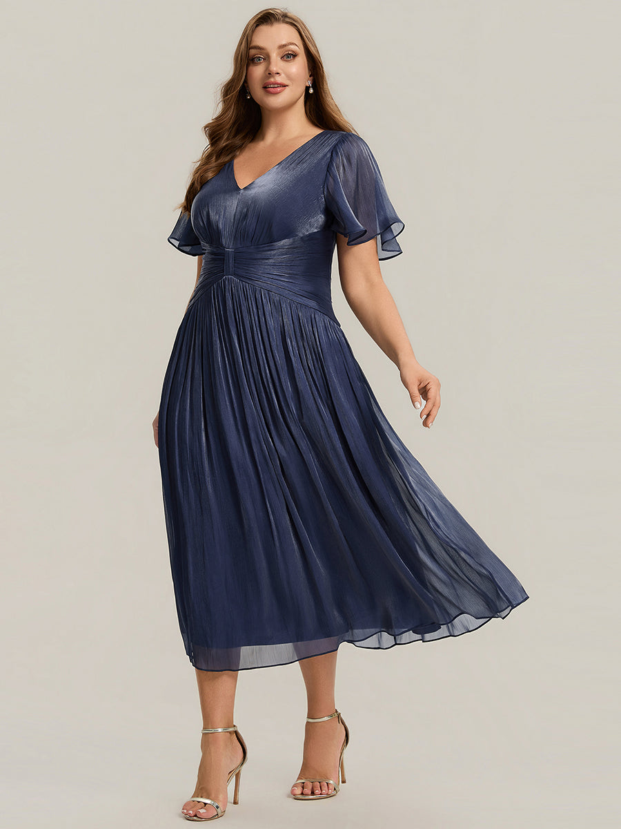 Color=Navy Blue | B2B-Exclusive Short Sleeve Ruffle V-Neck A-Line Tea Length Wedding Guest Dresses-Navy Blue 29