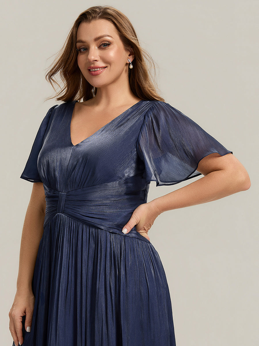 Color=Navy Blue | B2B-Exclusive Short Sleeve Ruffle V-Neck A-Line Tea Length Wedding Guest Dresses-Navy Blue 28