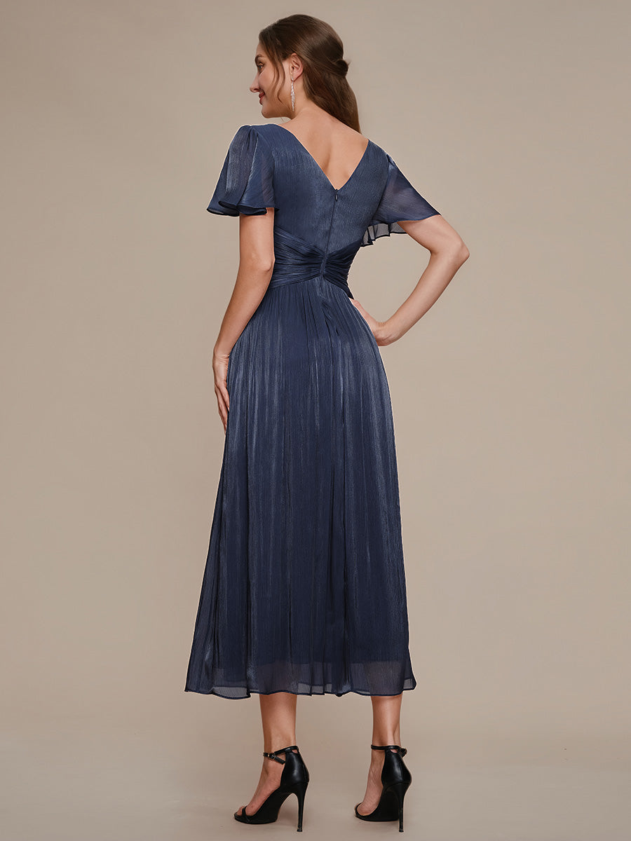 Color=Navy Blue | B2B-Exclusive Short Sleeve Ruffle V-Neck A-Line Tea Length Wedding Guest Dresses-Navy Blue 22