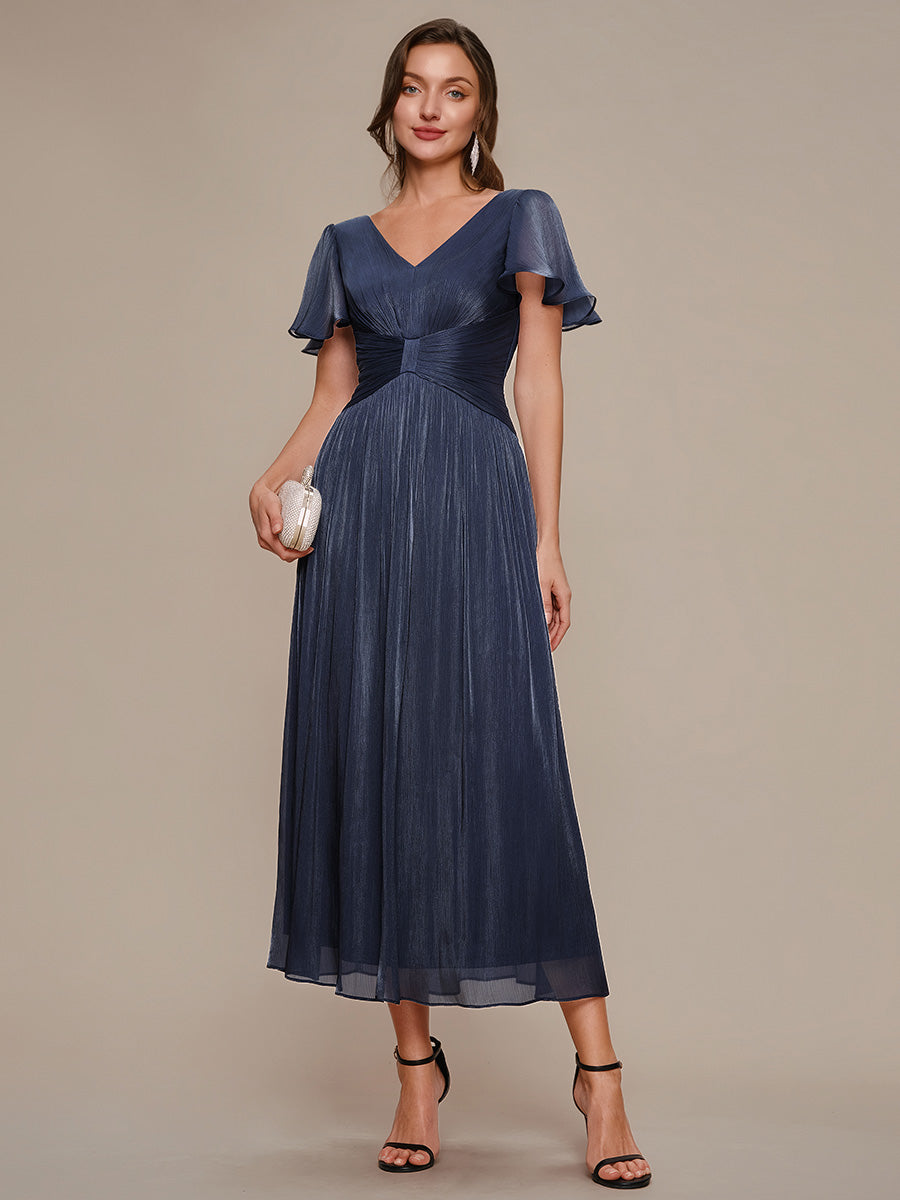 Color=Navy Blue | B2B-Exclusive Short Sleeve Ruffle V-Neck A-Line Tea Length Wedding Guest Dresses-Navy Blue 25