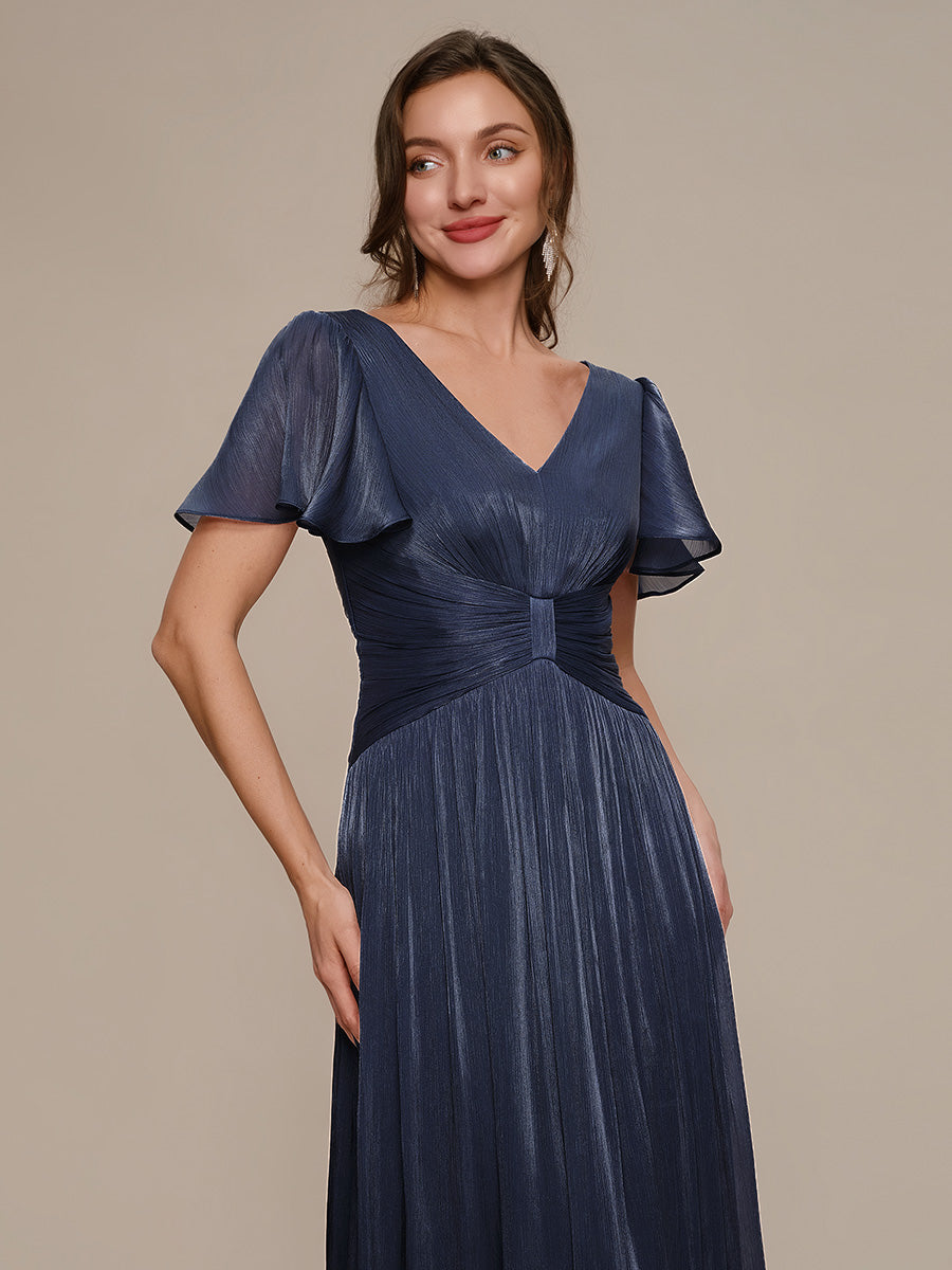 Color=Navy Blue | B2B-Exclusive Short Sleeve Ruffle V-Neck A-Line Tea Length Wedding Guest Dresses-Navy Blue 23