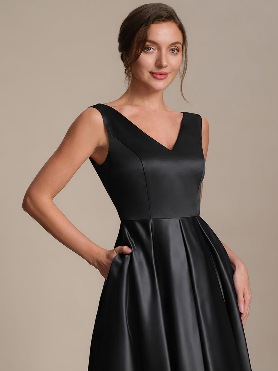Color=Black | Factory Design Sleeveless V-Neck Pleated Ball-Gown Midi Wedding Guest Dresses-Black 5