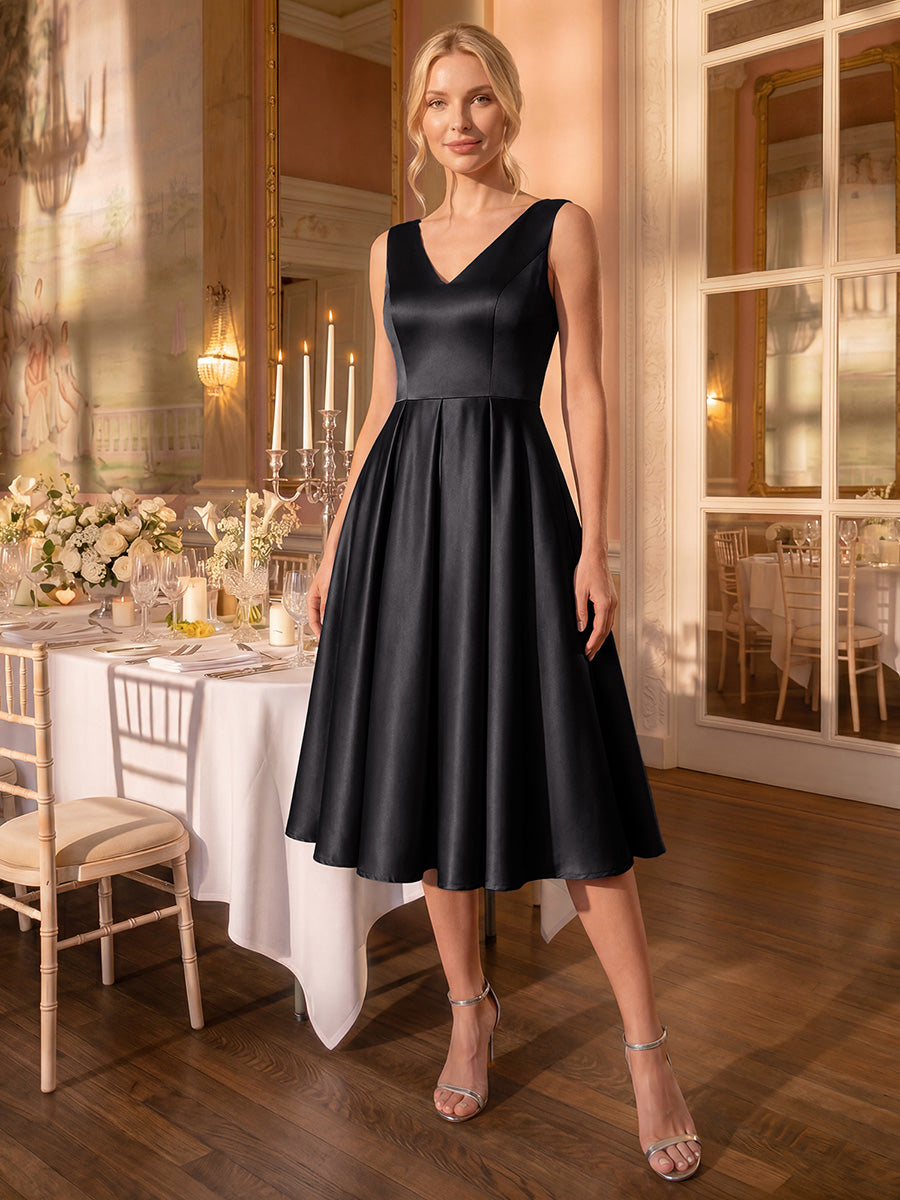 Color=Black | Factory Design Sleeveless V-Neck Pleated Ball-Gown Midi Wedding Guest Dresses-Black 6