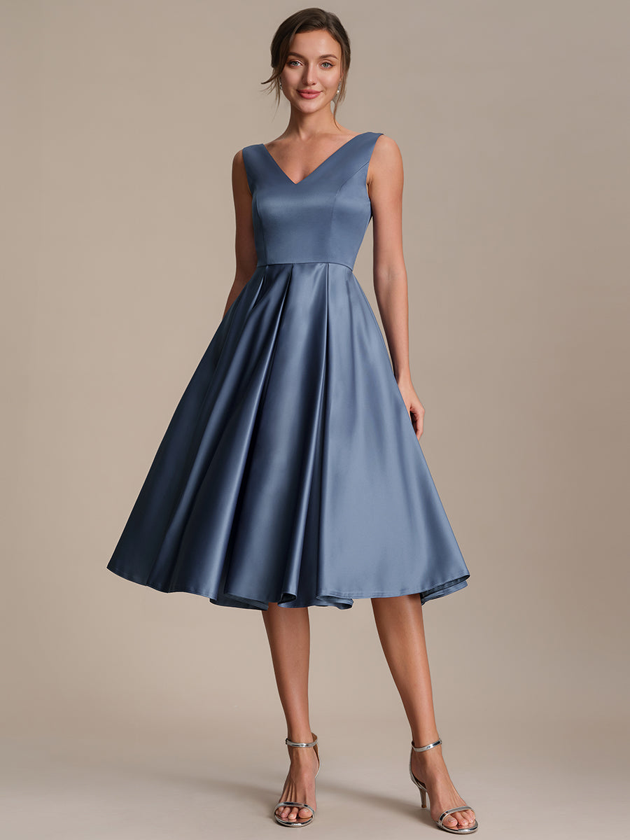 Color=Dusty Blue | Factory Design Sleeveless V-Neck Pleated Ball-Gown Midi Wedding Guest Dresses-Dusty Blue 1