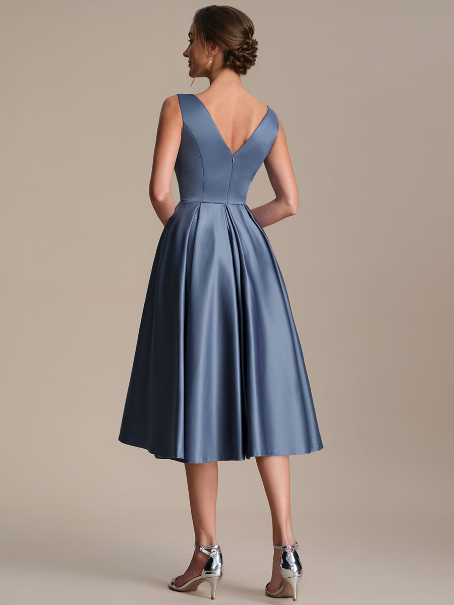 Color=Dusty Blue | Factory Design Sleeveless V-Neck Pleated Ball-Gown Midi Wedding Guest Dresses-Dusty Blue 2