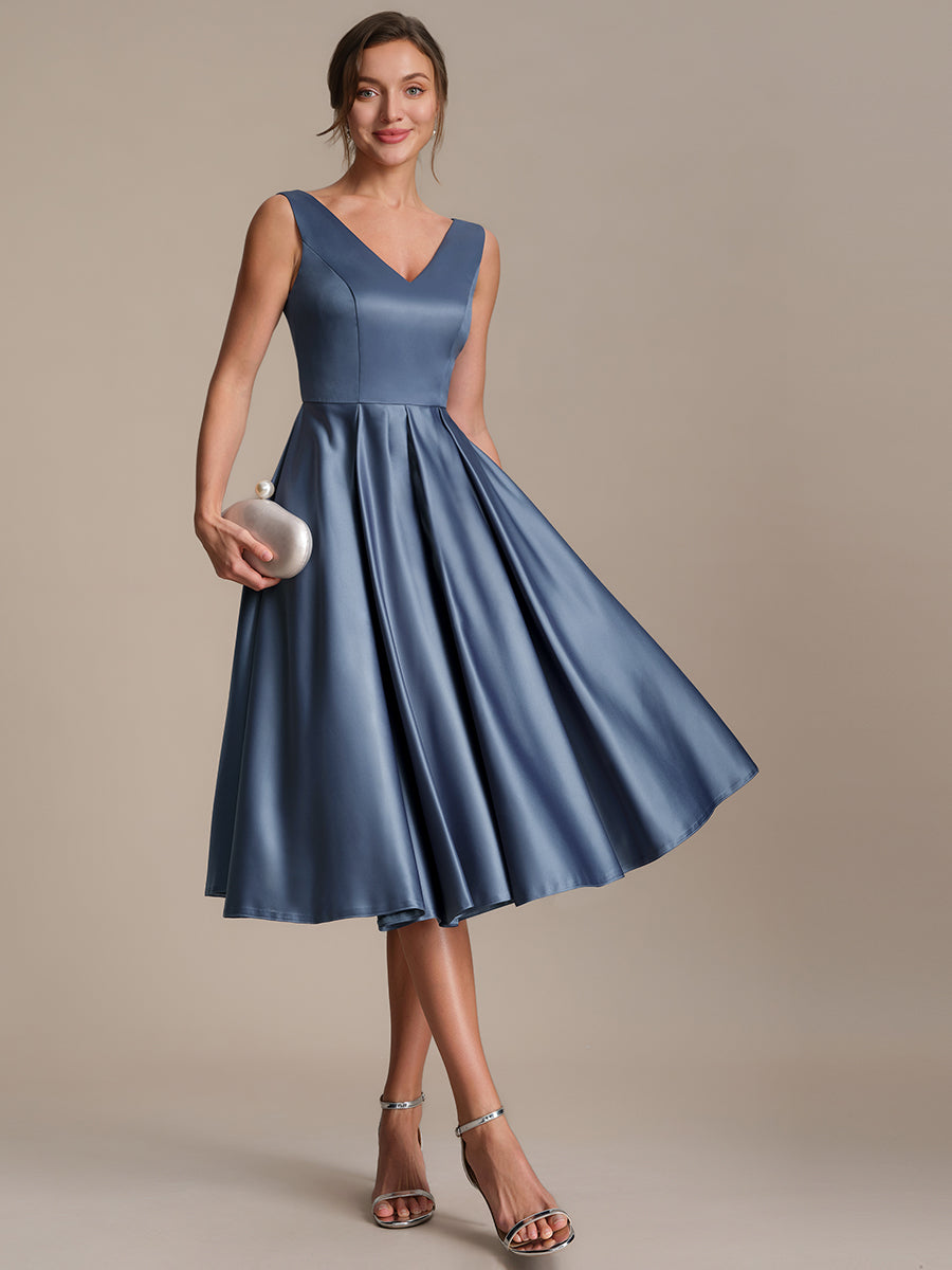 Color=Dusty Blue | Factory Design Sleeveless V-Neck Pleated Ball-Gown Midi Wedding Guest Dresses-Dusty Blue 5