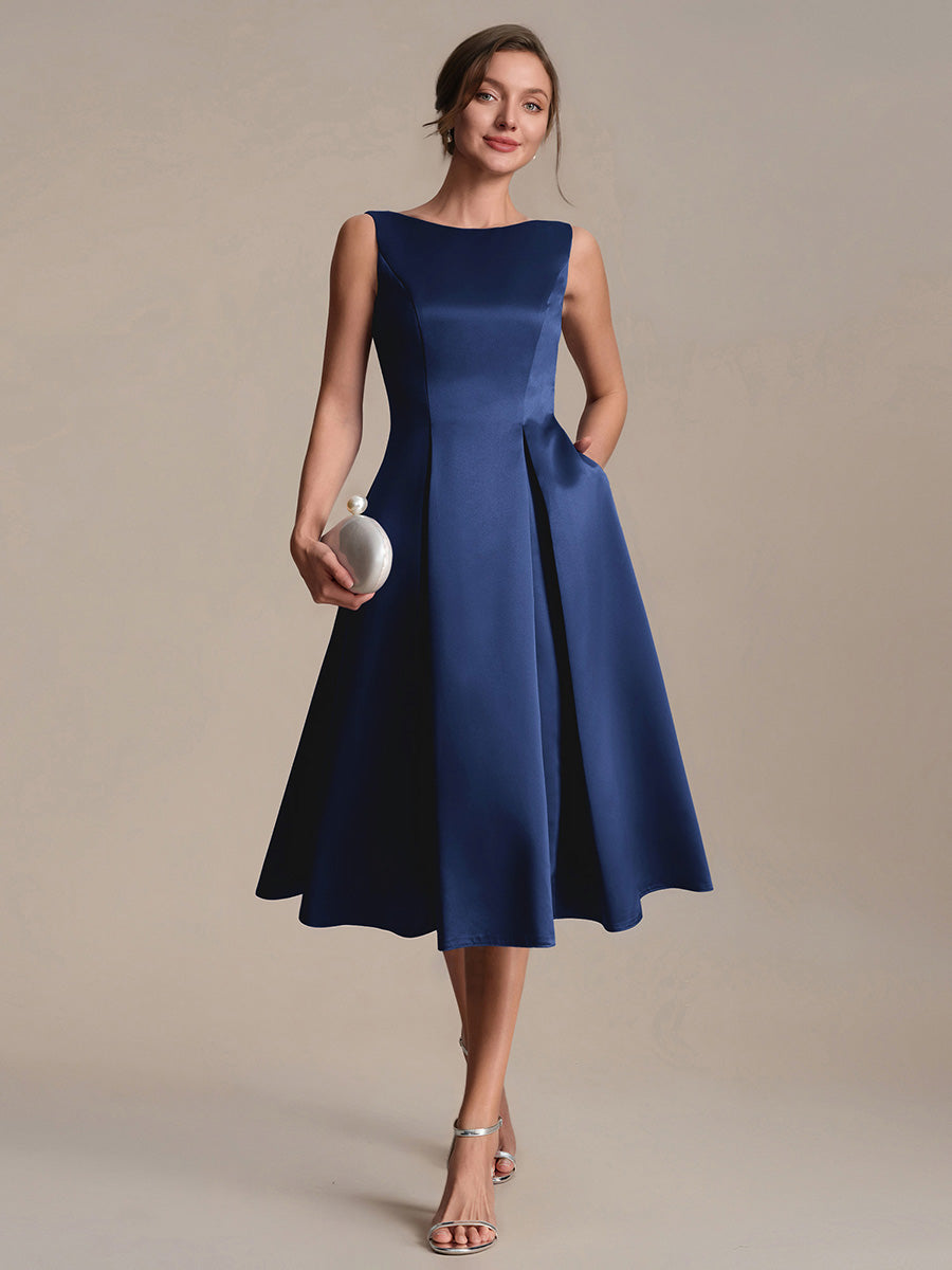 Color=Navy Blue | Volume Discounts Strapless Boat Neck Midi Ball-Gown Dress with Pockets | Wedding Guest Dresses-Navy Blue 21