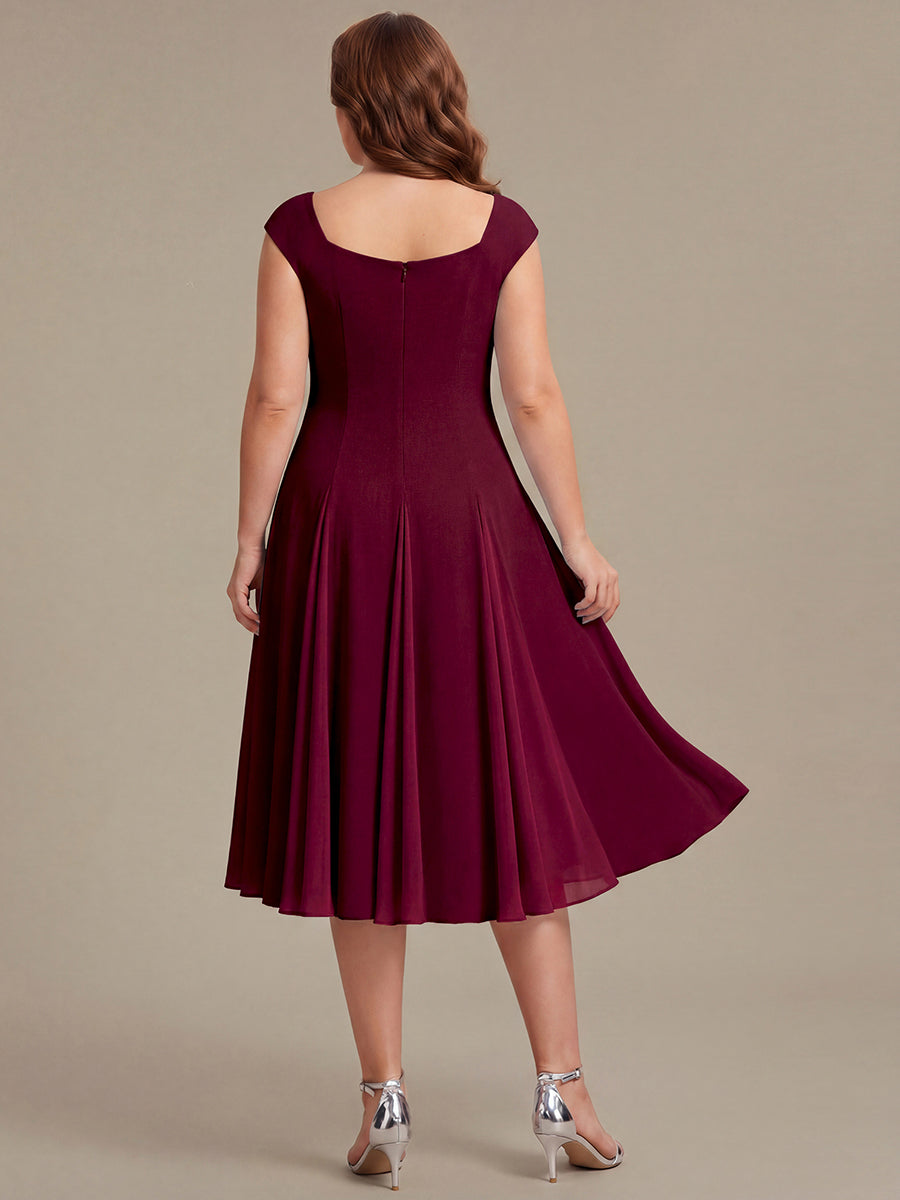 Color=Burgundy | One Stop Shop Short Sleeve Cap Sleeve Patchwork A-Line Midi Wedding Guest Dresses-Burgundy 17