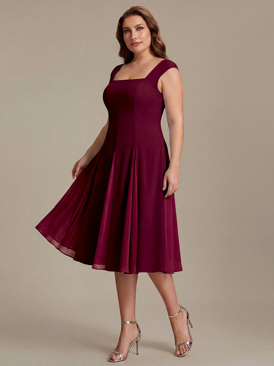 Color=Burgundy | One Stop Shop Short Sleeve Cap Sleeve Patchwork A-Line Midi Wedding Guest Dresses-Burgundy 19
